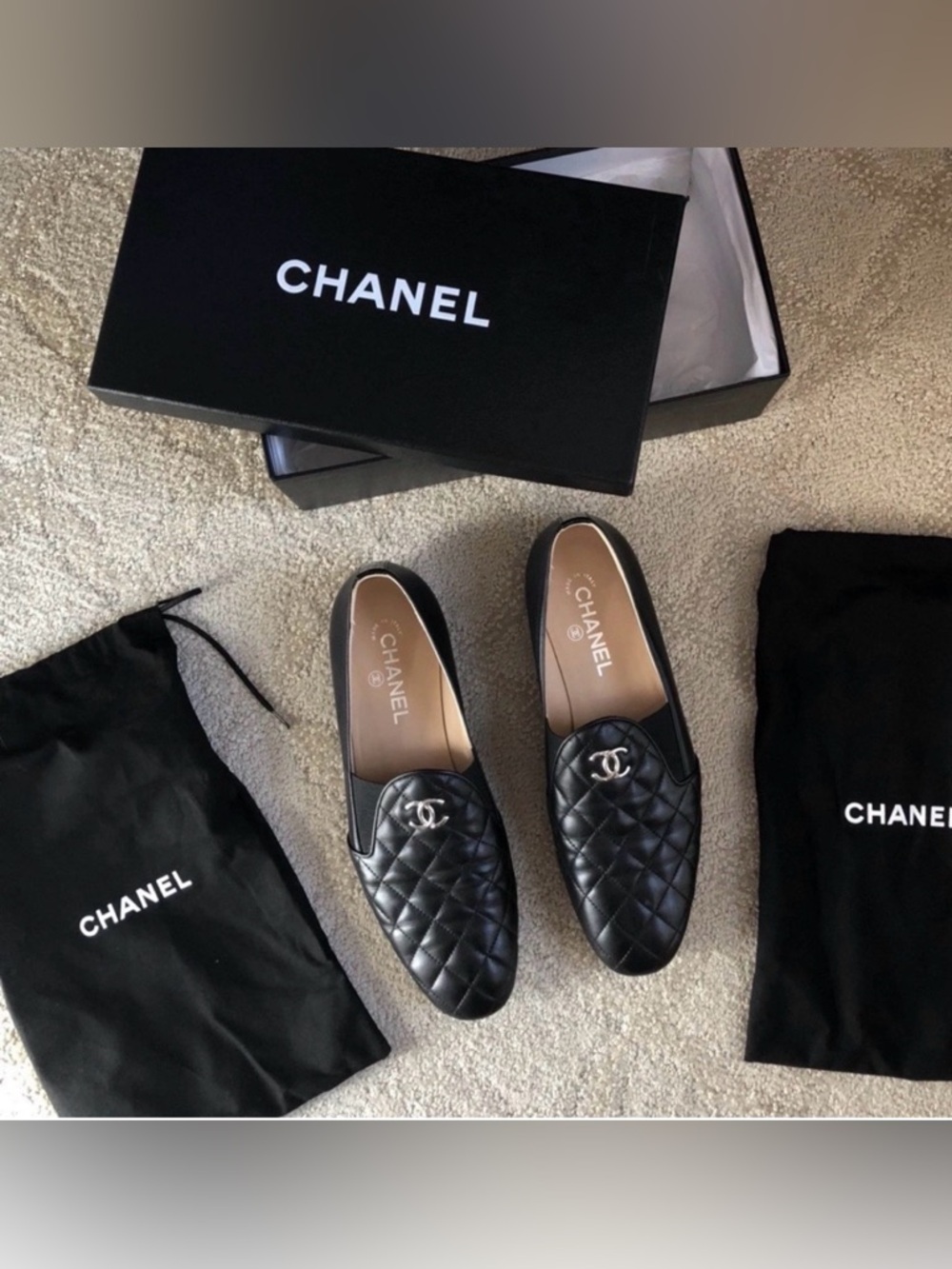 CHANEL Black Quilted Leather CC Logo Loafers